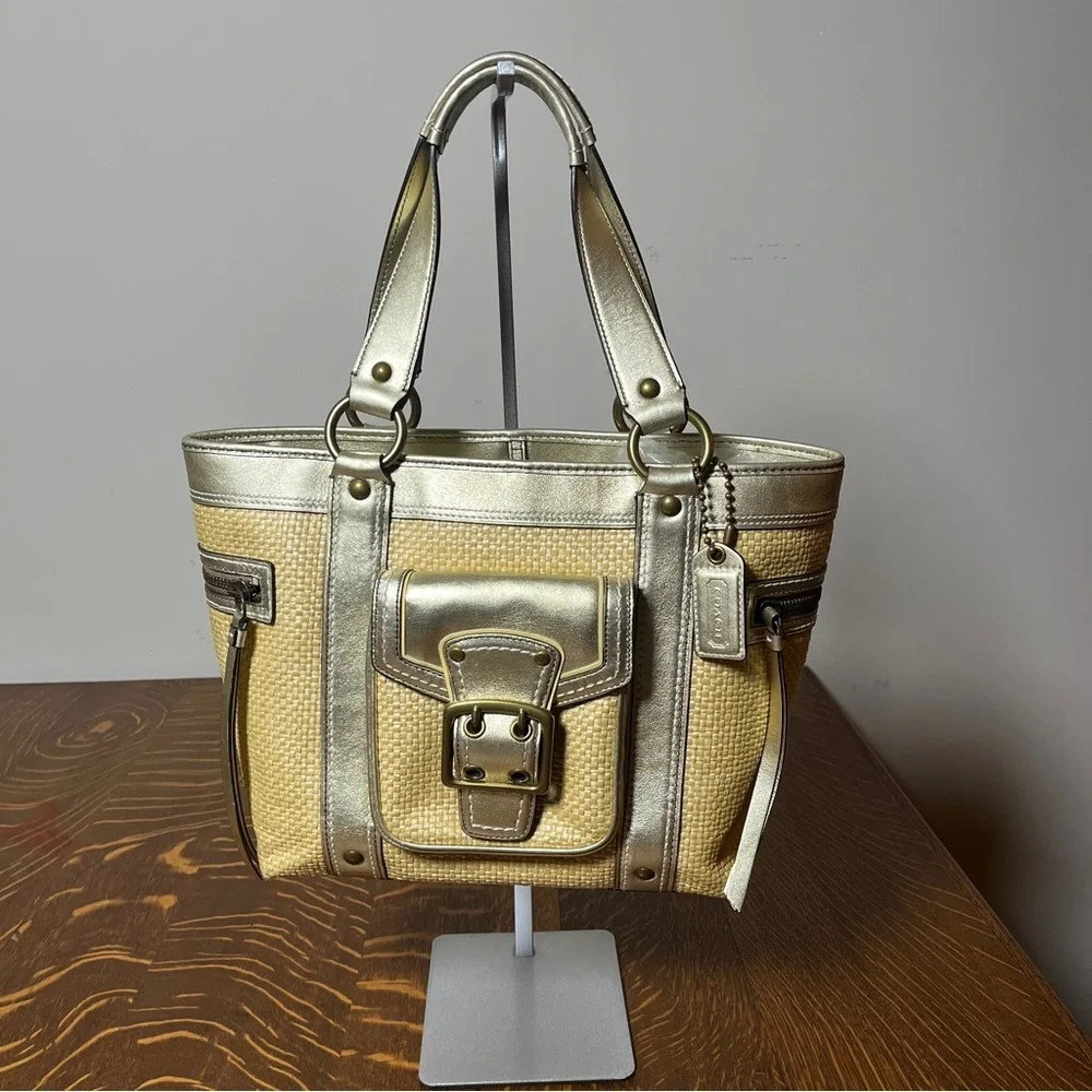 Coach Legacy Silver and Tan Woven Tote